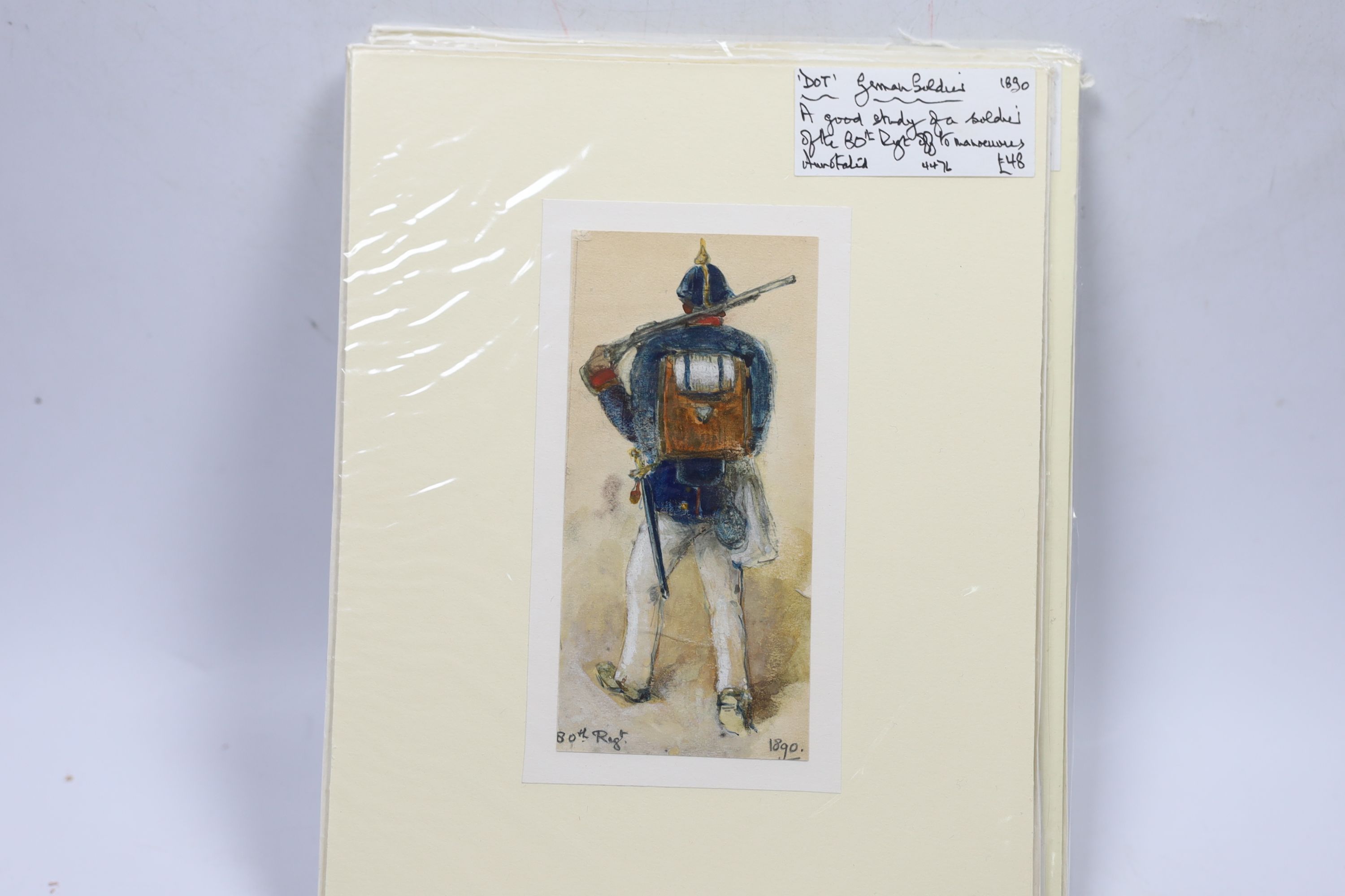 Seven 19th century English School watercolour ‘Dot’ caricatures, including ‘Taking the Aim’ and ‘German Soldier’, some dated and inscribed, each 11.5 x 6cm, unframed